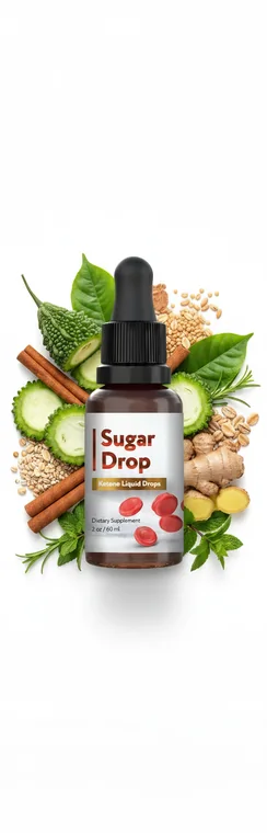 Sugar Drop blood sugar support liquid drops bottle surrounded by bitter melon, cinnamon, ginger and green tea leaves