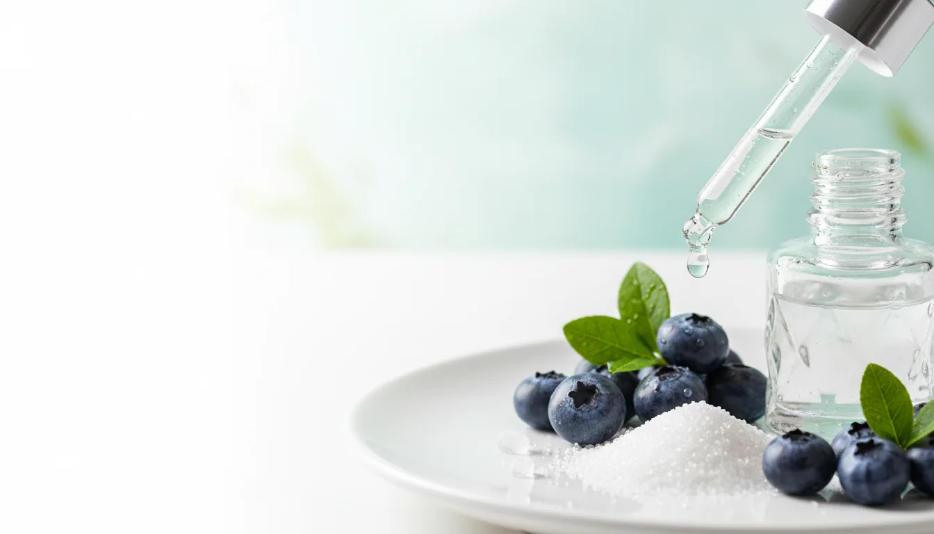 Blood sugar friendly foods and botanicals beside Sugar Drop liquid drops: cinnamon, ginger, green tea and bitter melon