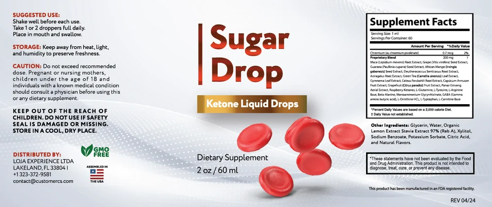 Sugar Drop supplement facts panel listing chromium picolinate and the 200 mg proprietary blend